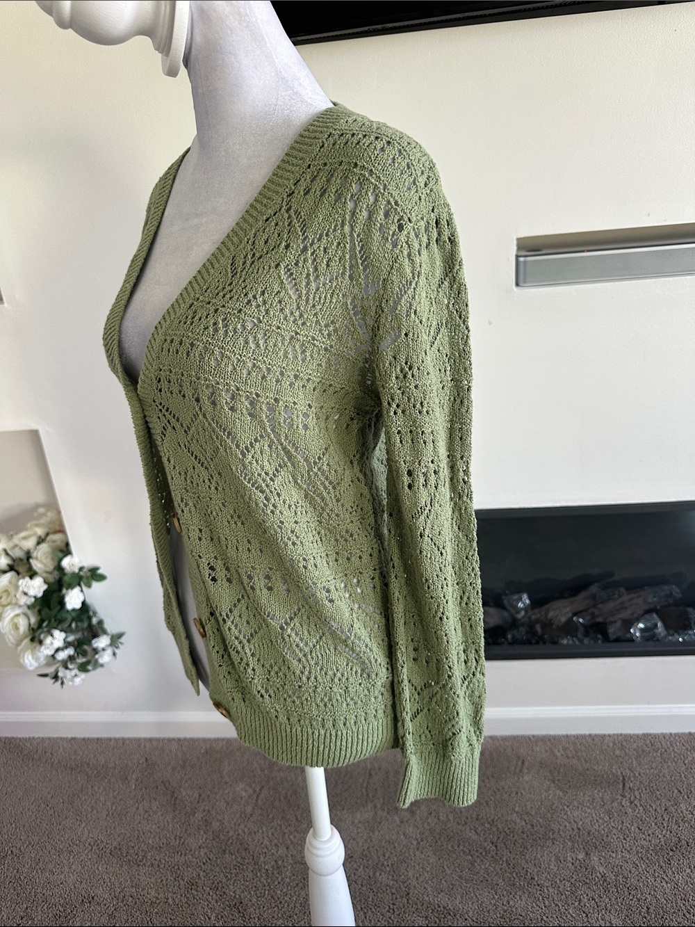 LOFT Olive Open-Knit V-Neck Button Cardigan - Picture 3 of 6